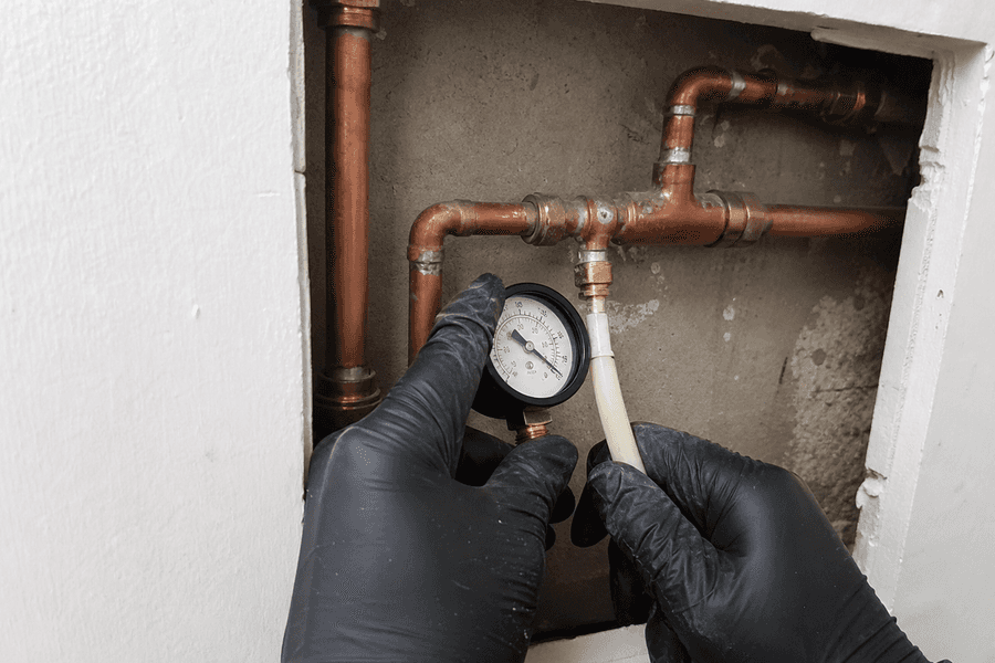 mains gantées contrôlant tuyauterie en cuivre encastrée